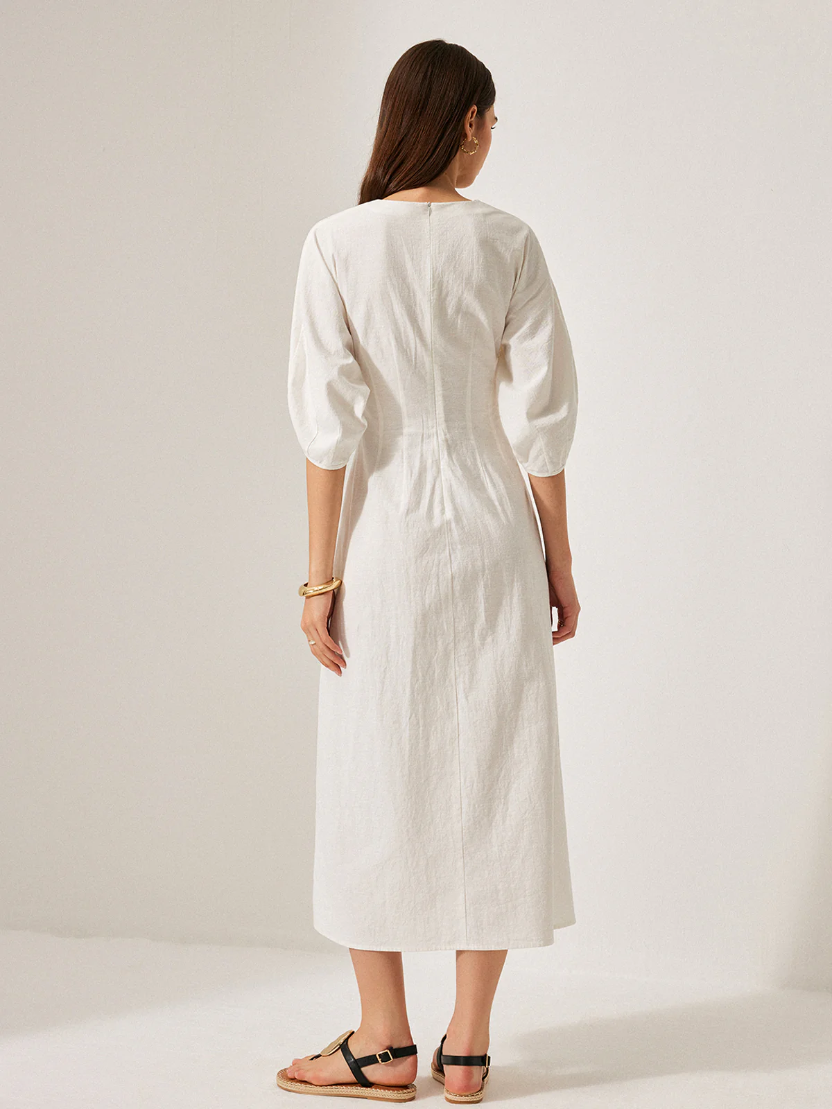 Cotton & Linen Puff Sleeve Dress Without Belt - Takermore