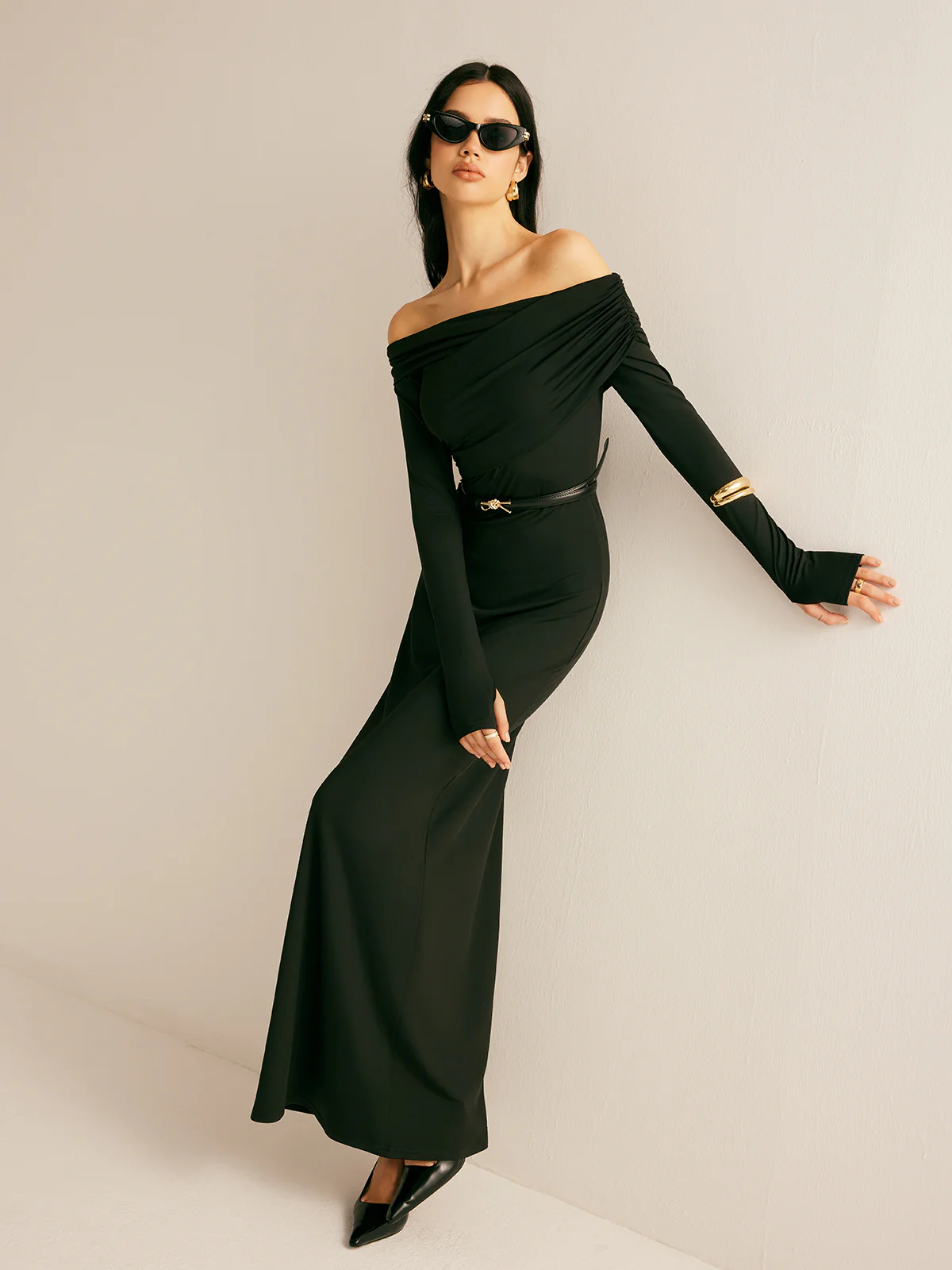 Modal Off-Shoulder Ruched Dress Without Belt - Takermore