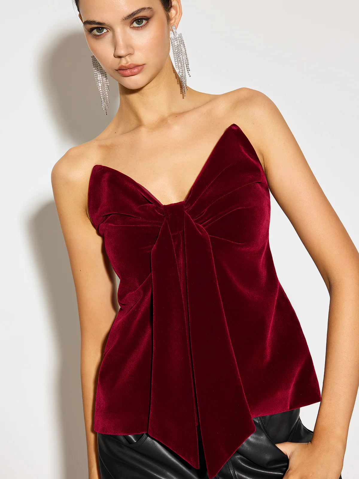 Bow Front Velvet Zipper Tube Top - Takermore