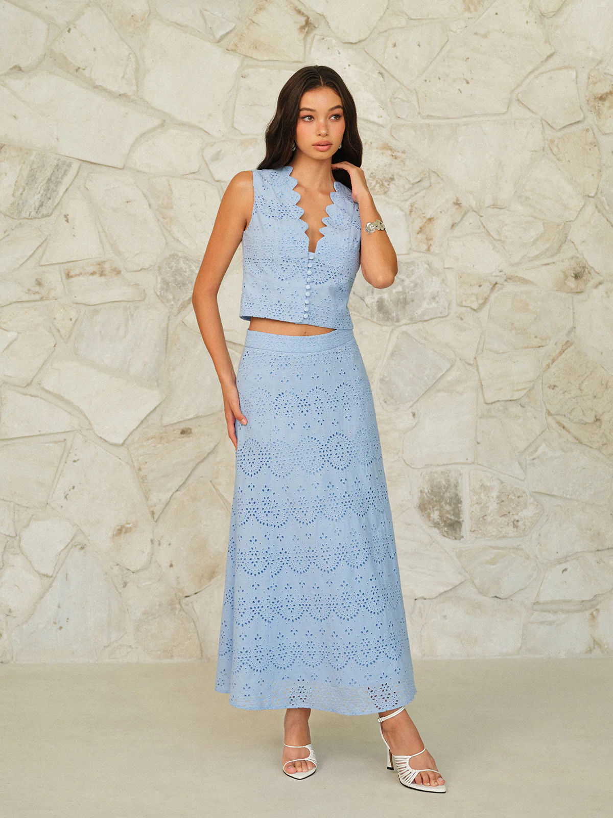 Scalloped Neckline Button-Front Eyelet Crop Top - Takermore