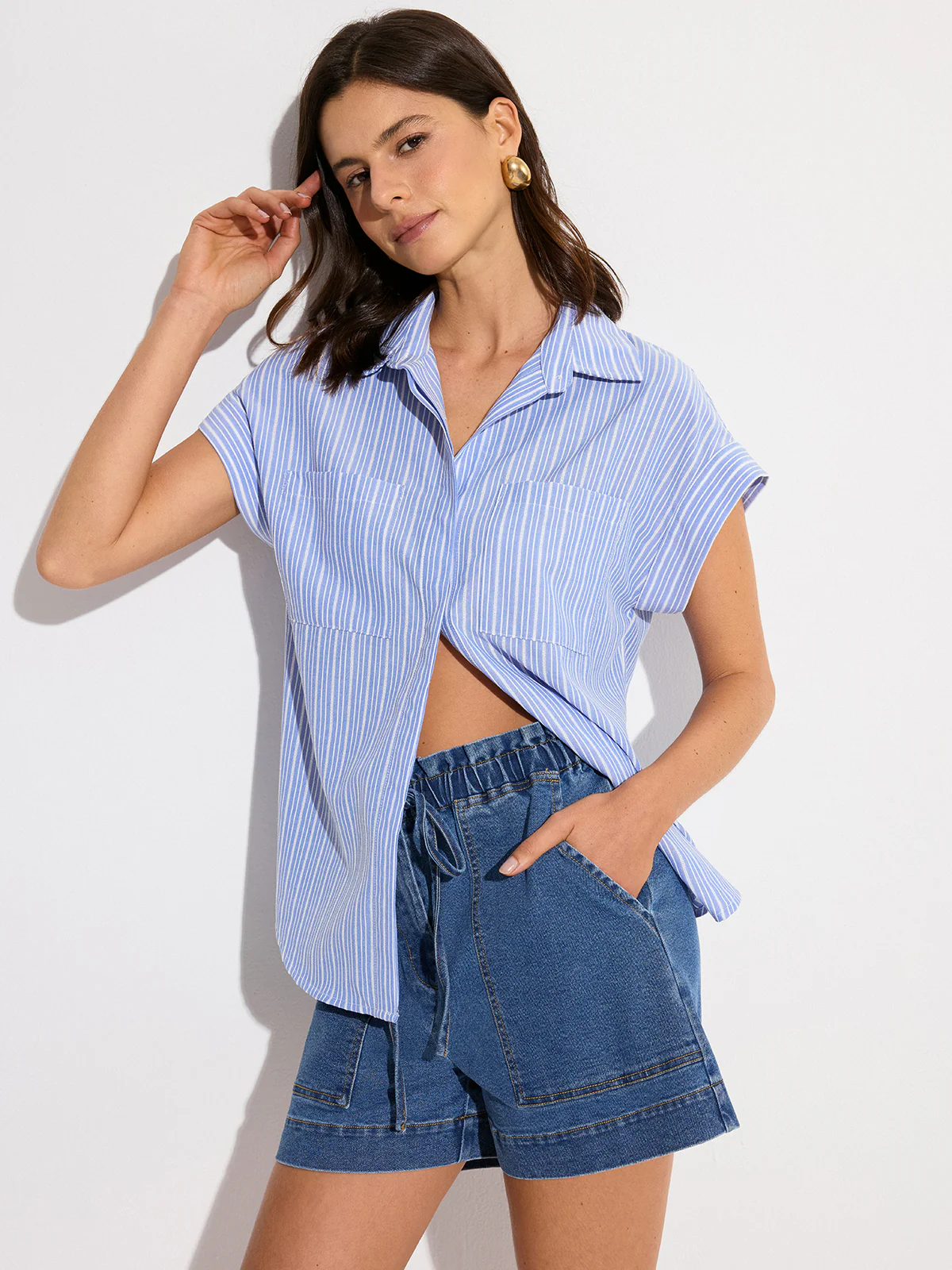 Pocketed Striped Oversized Shirt - Takermore
