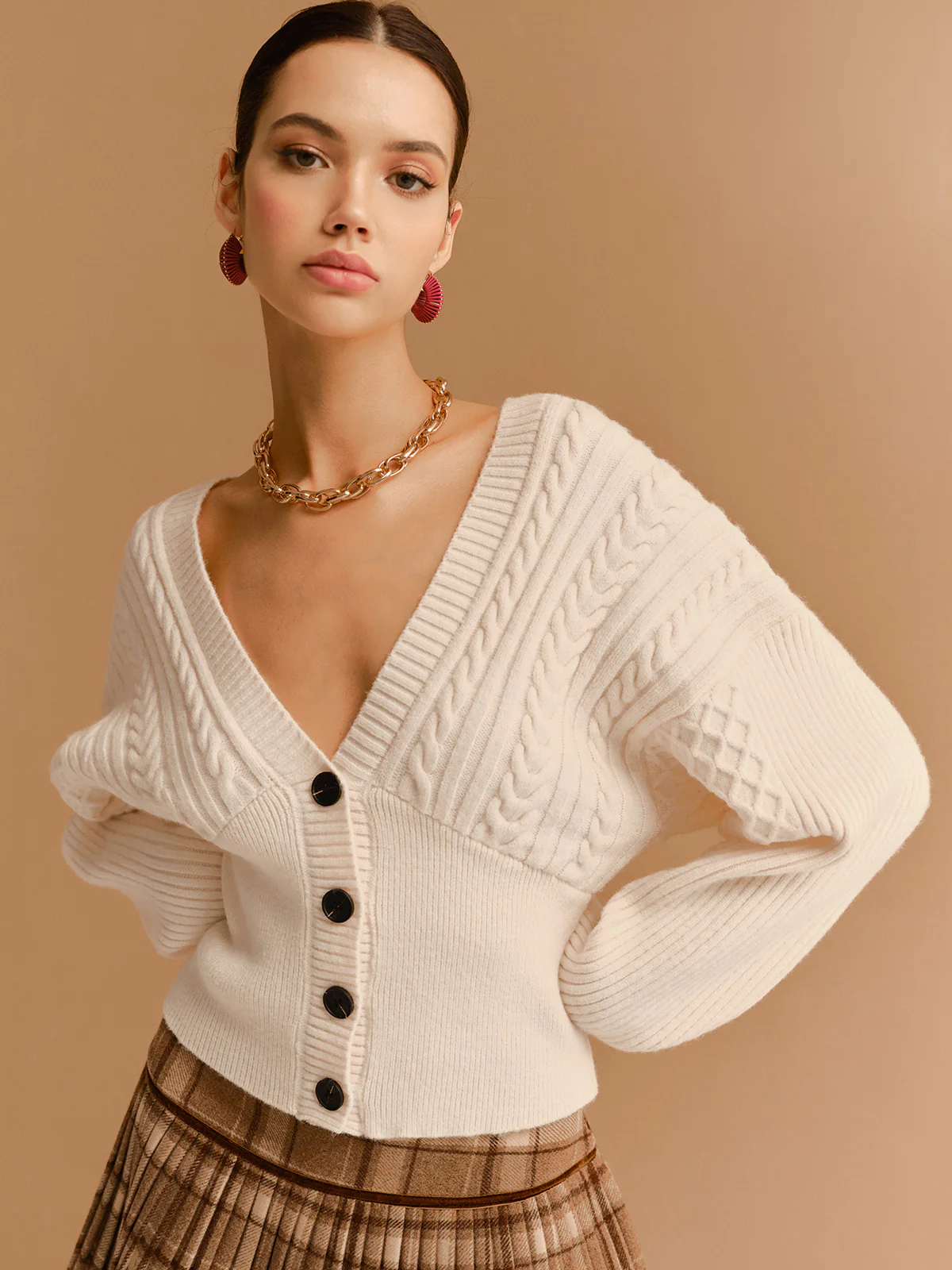 V-Neck Cinched Waist Twist Button Cardigan - Takermore