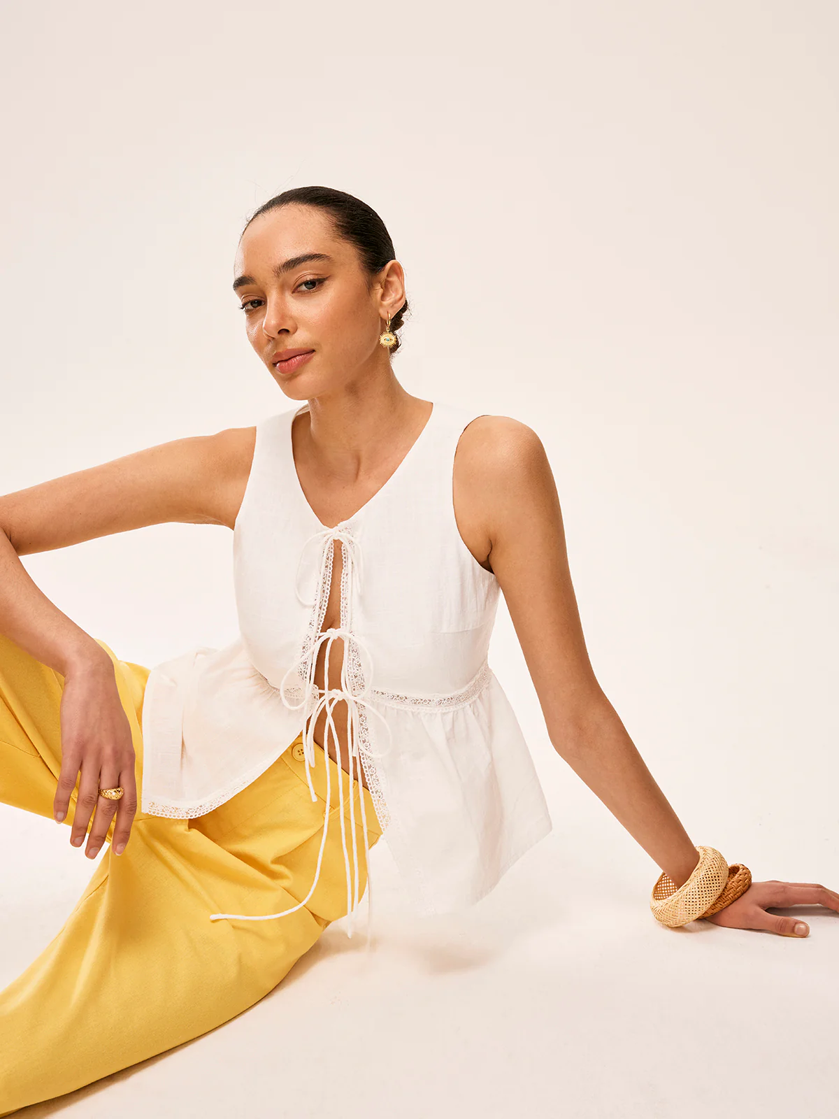 Cotton Lace-Up Detail Semi-Sheer Top - Takermore