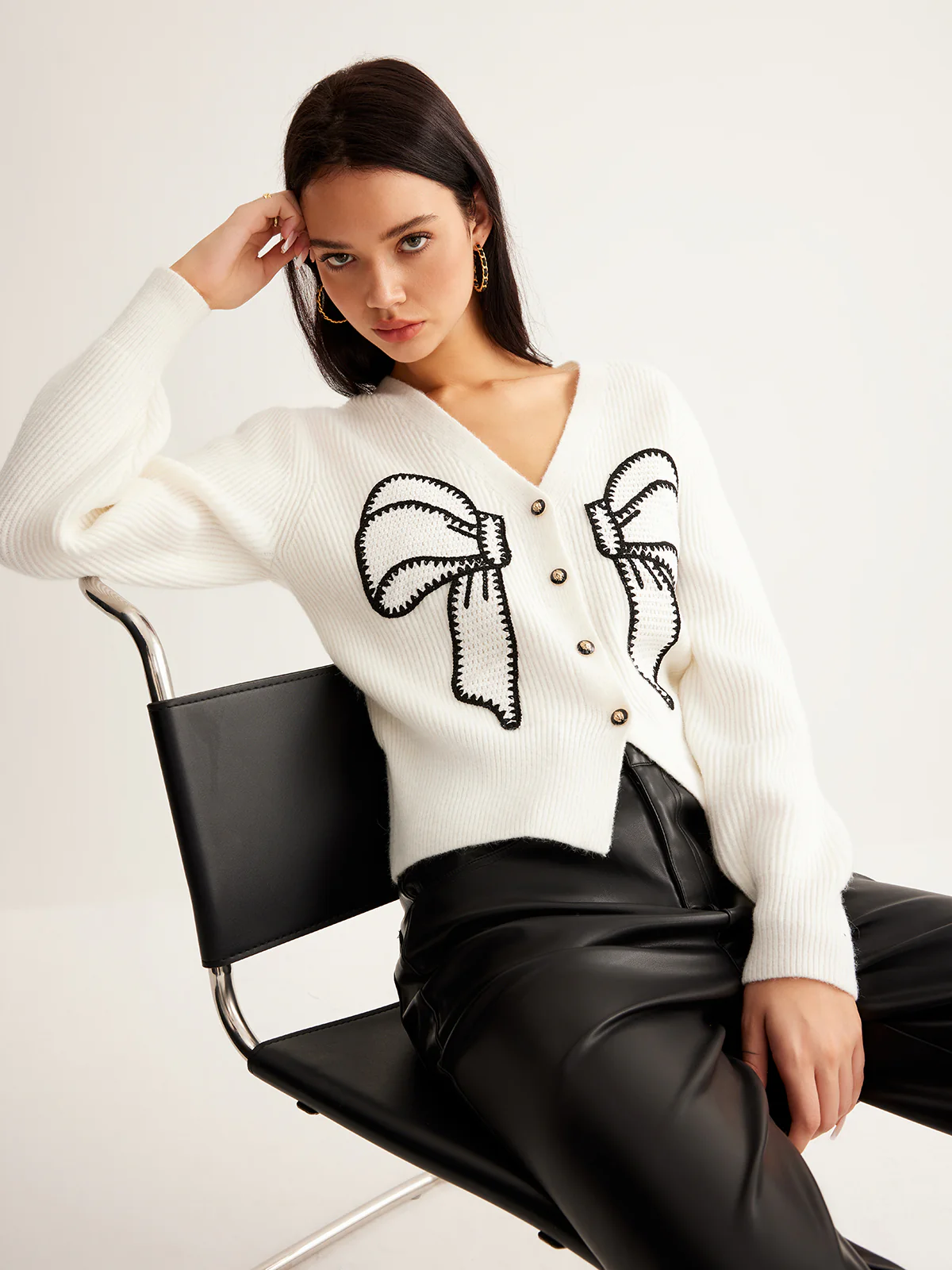 Embroidery-Bow Button Short Cardigan - Takermore