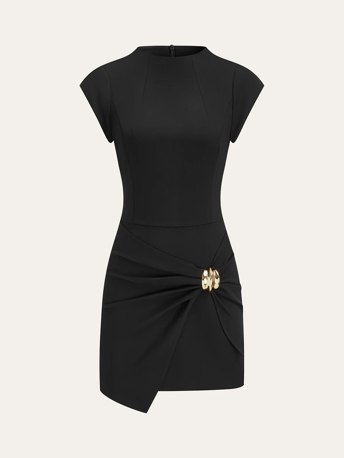 Mock Neck Mini Dress with Metal Buckle Detail - Takermore