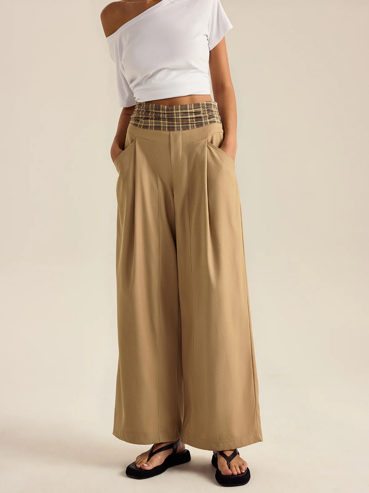 Pocketed Gingham Wide-Leg Pants - Takermore