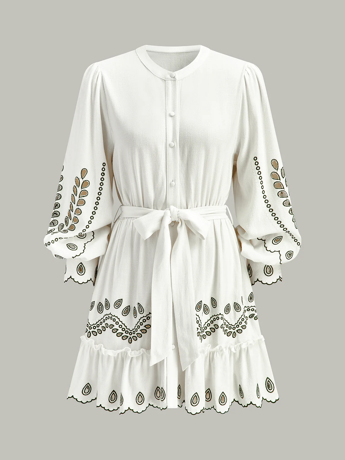 Linen & Cotton Embroidered Belted Mini Dress - Takermore