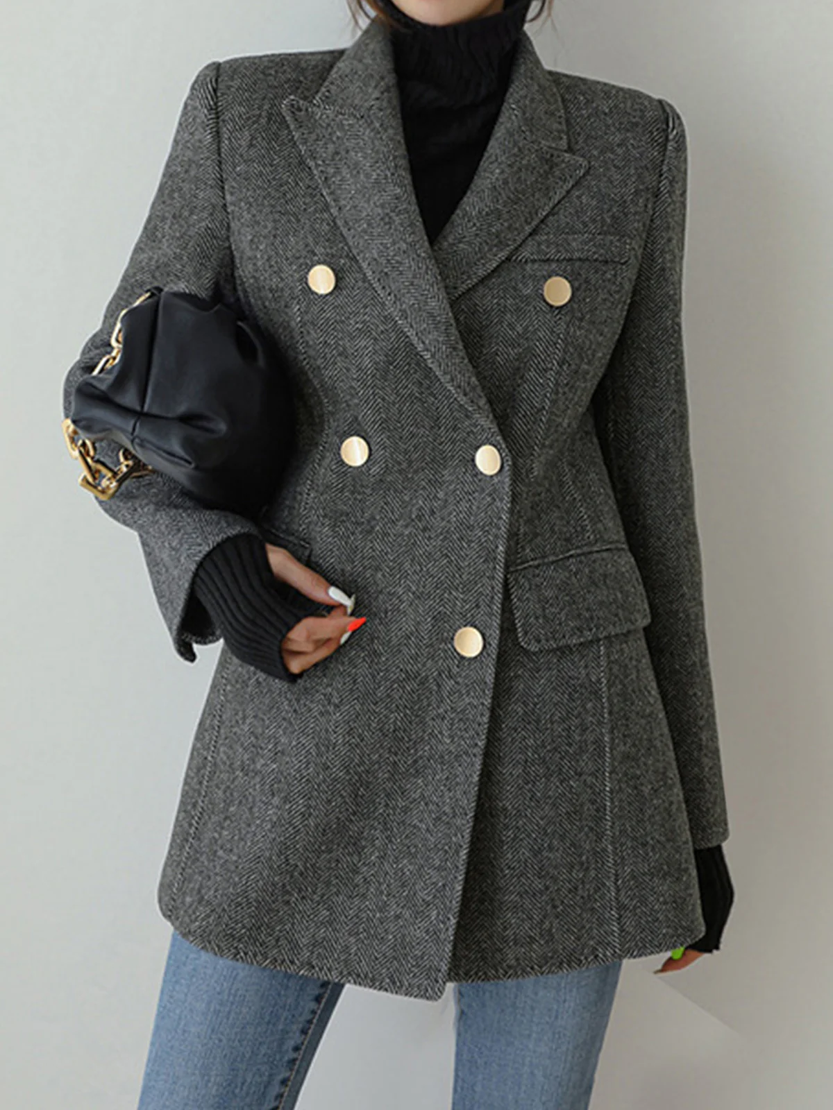 Wool-Blend Chevron Tweed Fit Blazer - Takermore