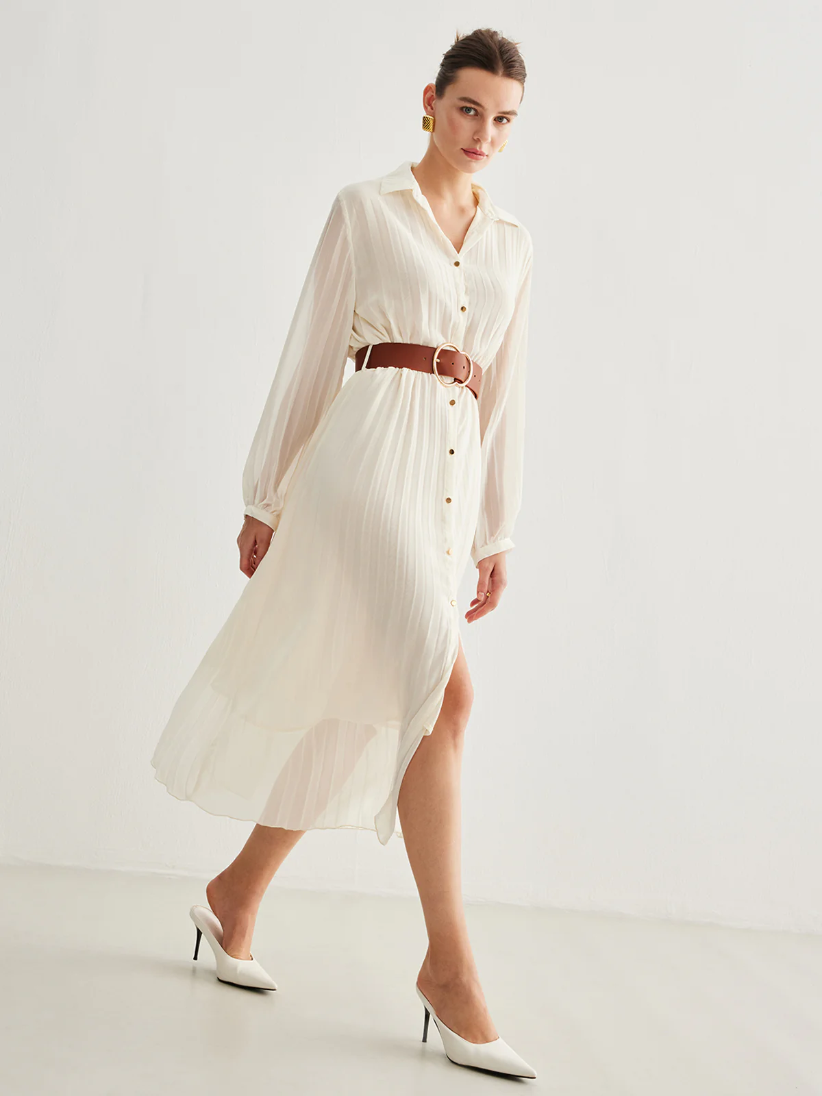 Semi-Sheer Chiffon Button Pleated Dress With Belt - Takermore