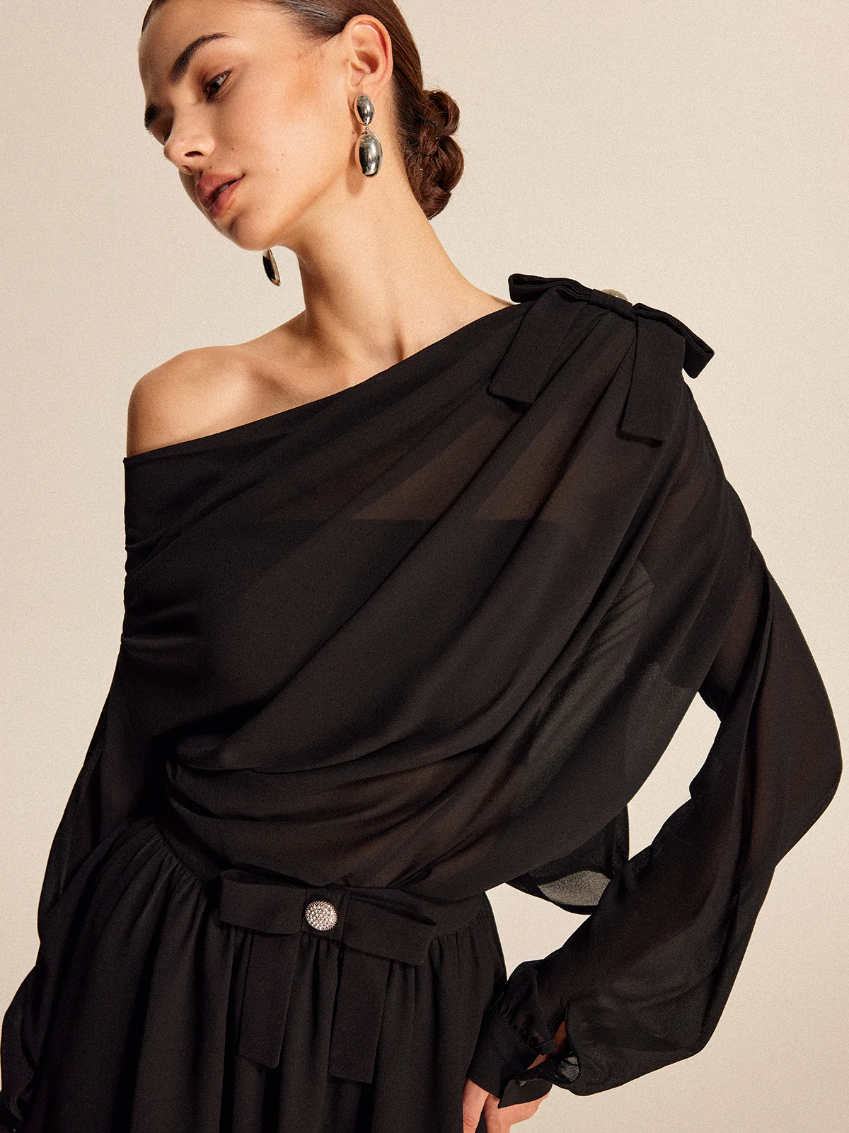 Semi-Sheer Chiffon One-Shoulder Bow Detail Skirt Set - Takermore