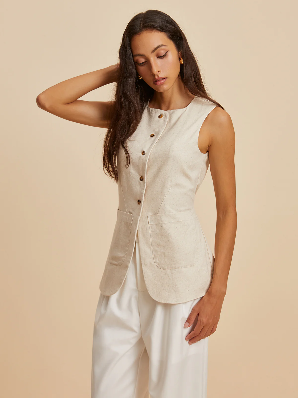 Linen Blend Pockets Vest - Takermore