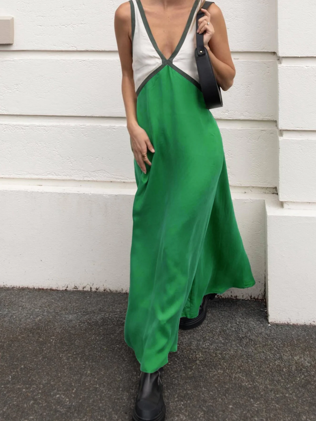 Satin Contrast Trim Long Dress - Takermore