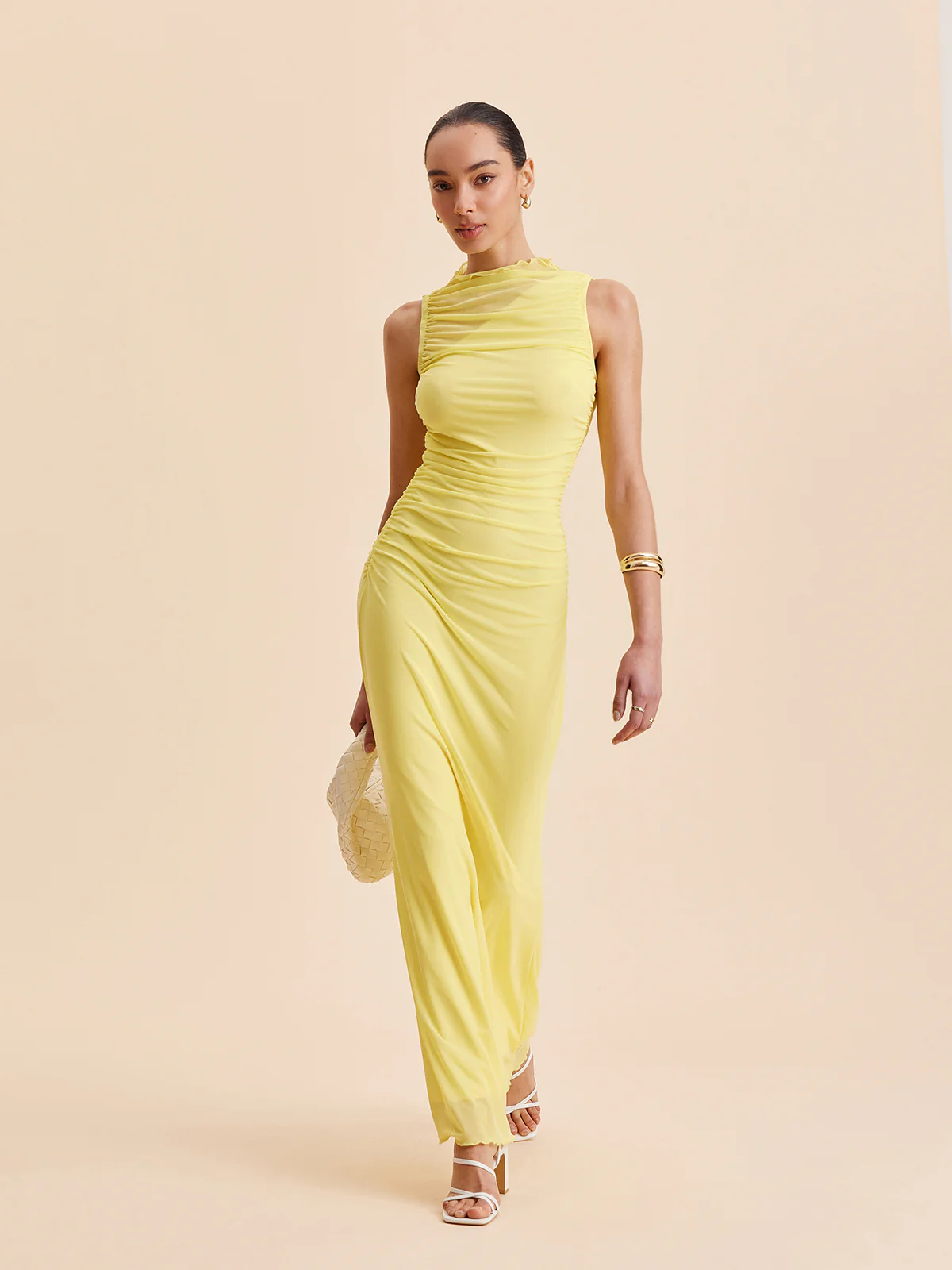 Mesh Ruched Sleeveless Dress - Takermore