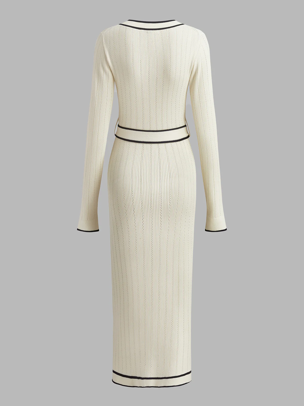 V-Neck Contrast Trim Belted Sweater Dress - Takermore