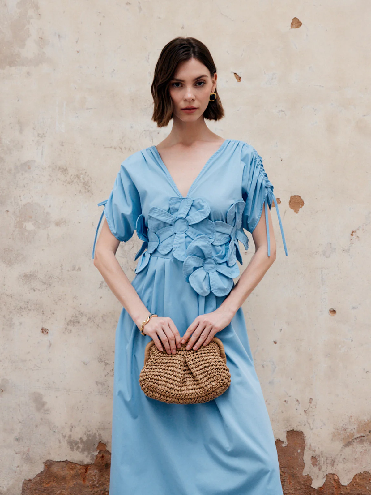 Flower Drawstring V-Neck Long Dress - Takermore