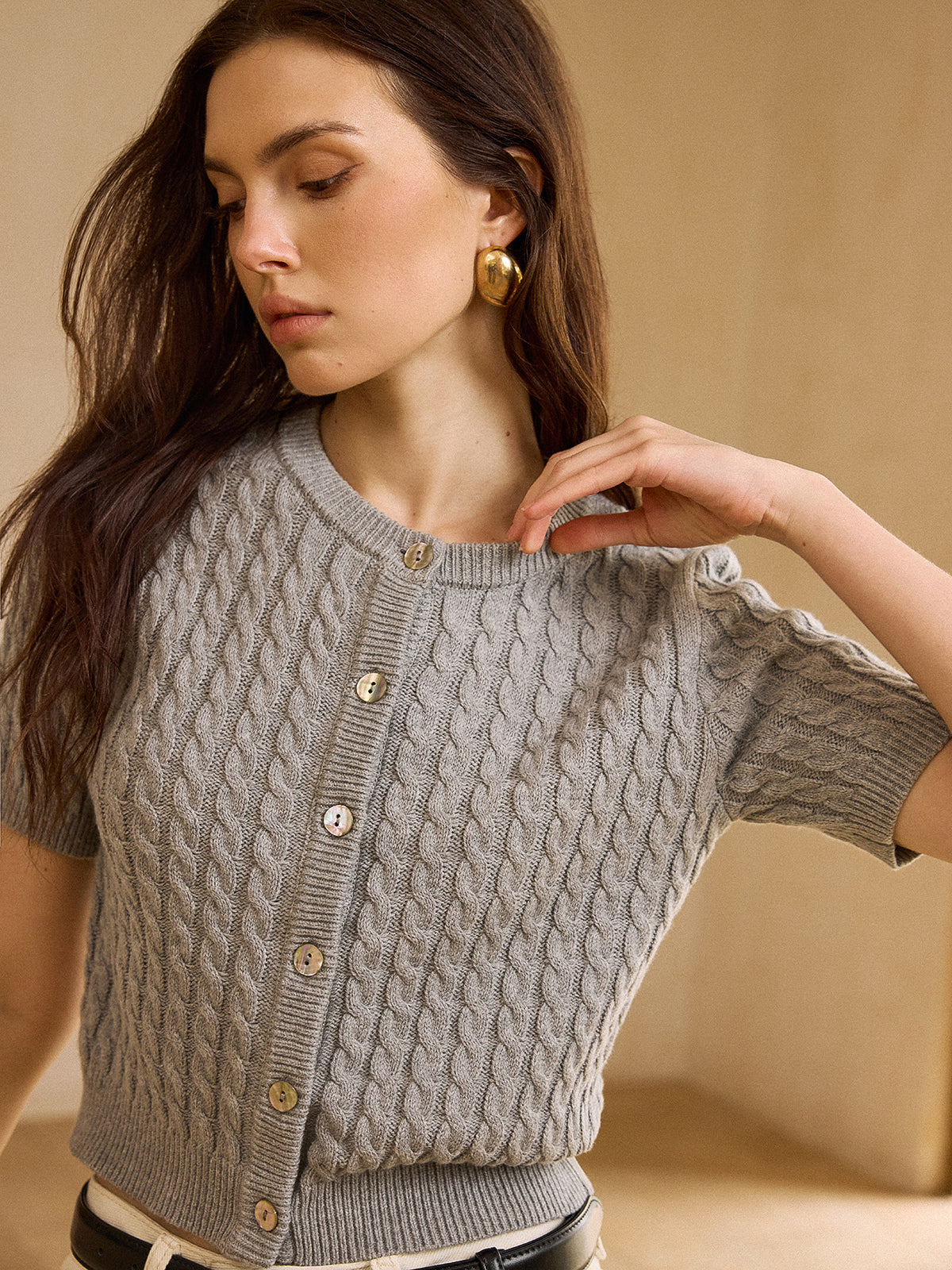 Cable Knit Short-Sleeve Cardigan - Takermore