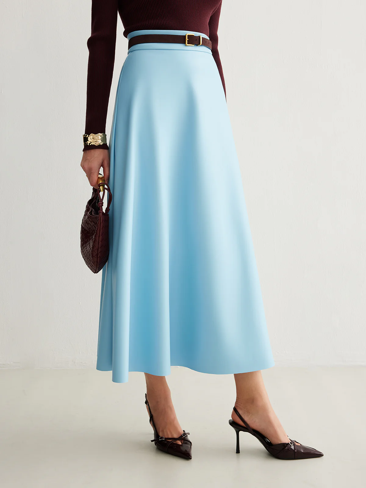 Flowy Zipper PU Leather Skirt Without Belt - Takermore