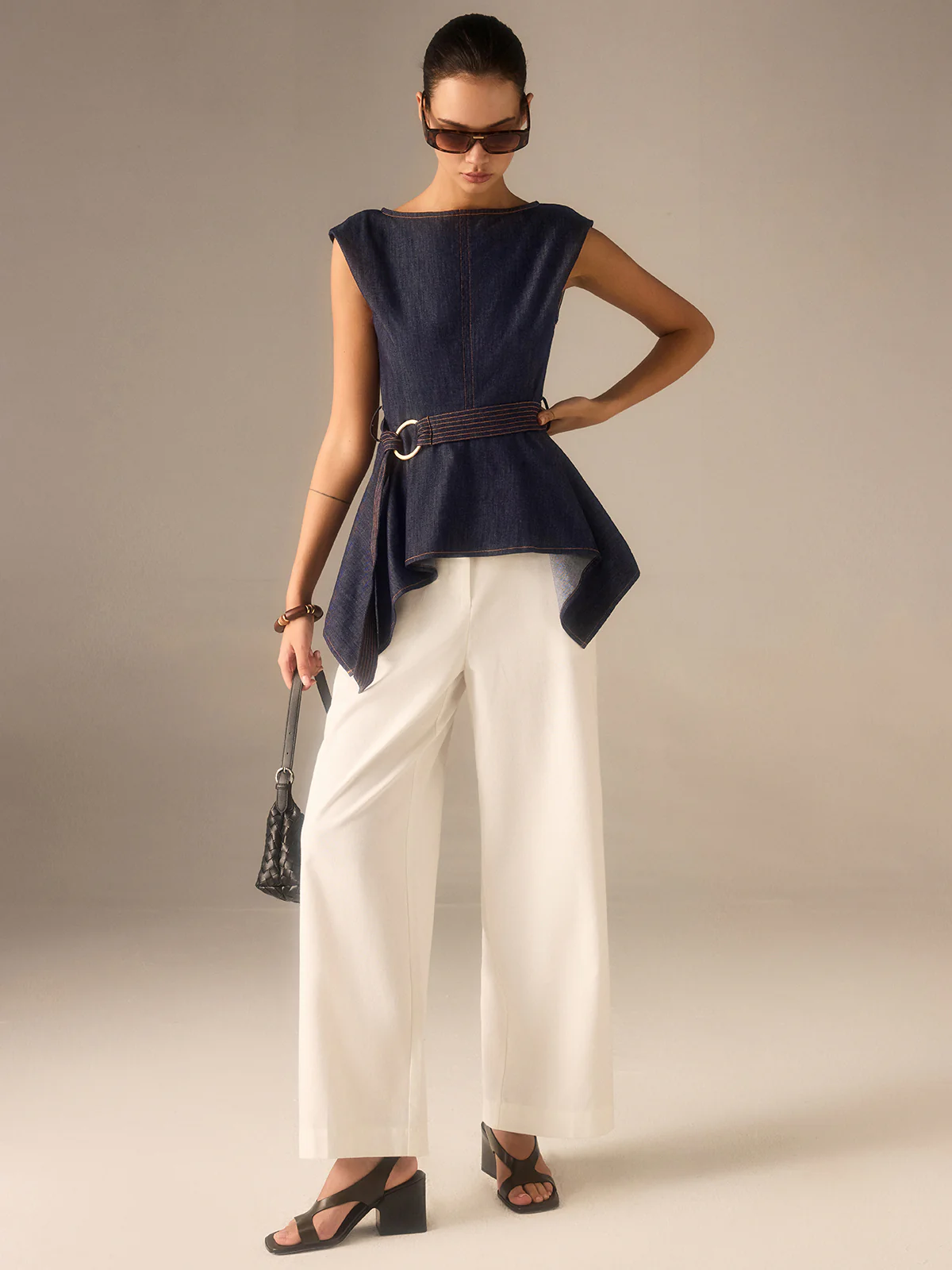 Denim Peplum Belted Top with Asymmetric Hem - Takermore