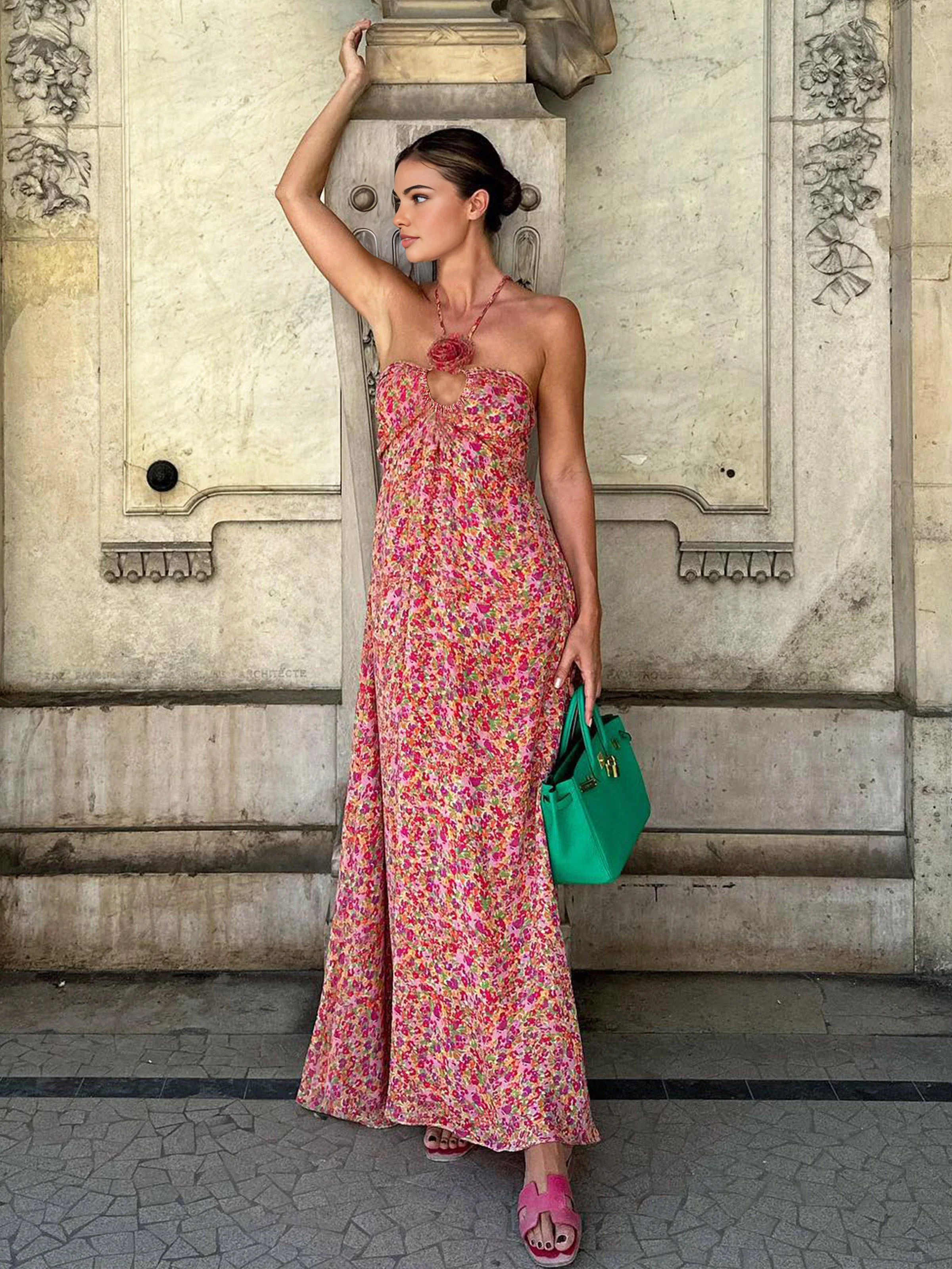 Boho Floral Print Rosette Decor Halter Long Dress - Takermore