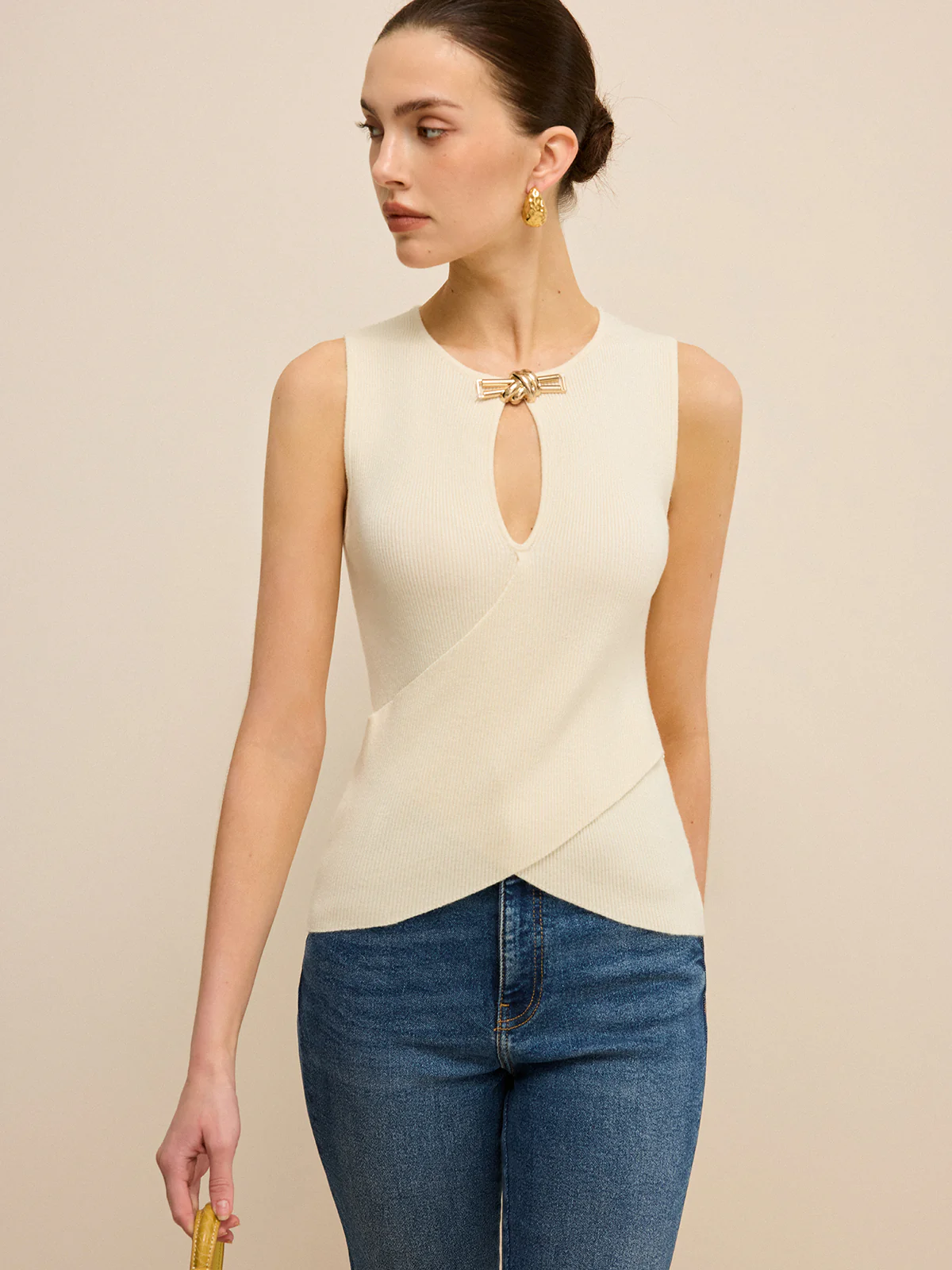 Cut-Out Sleeveless Knit Top with Cross-Over Design - Takermore