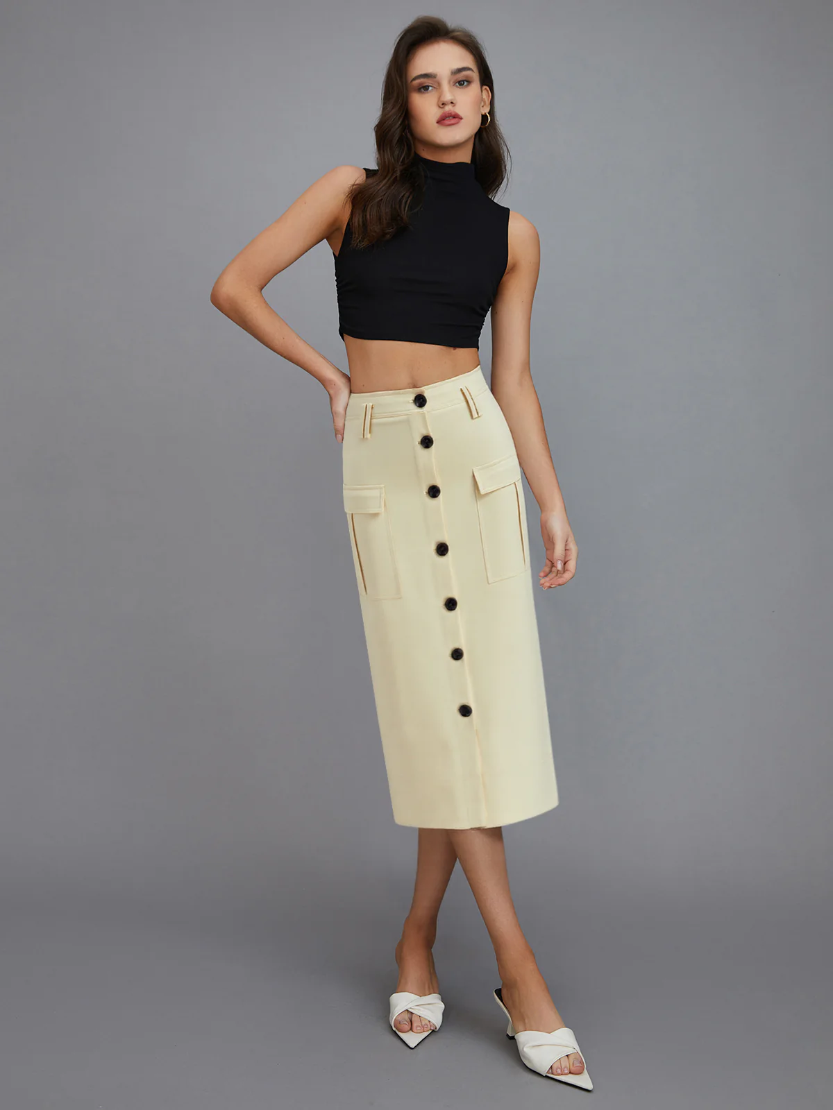 Pocketed Button-Front Midi Skirt - Takermore