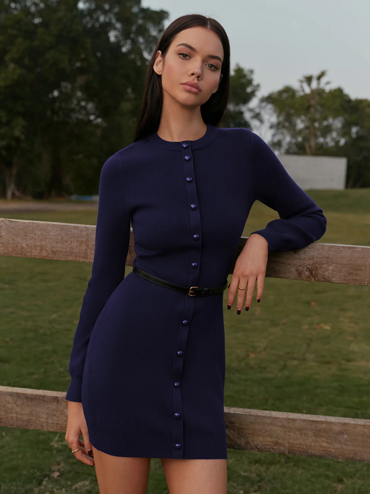 Button-Decor Sweater Hip-Covering Dress With Belt - Takermore