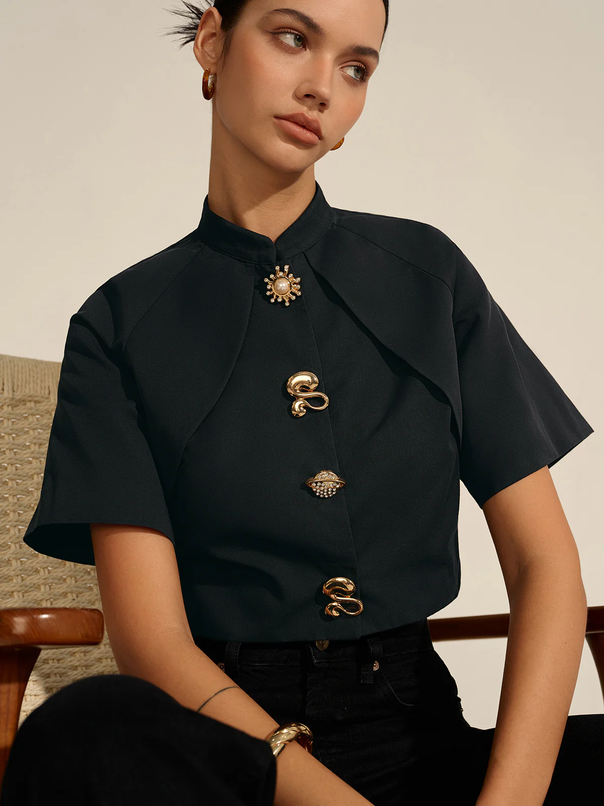Metal Decor Cropped Blouse - Takermore