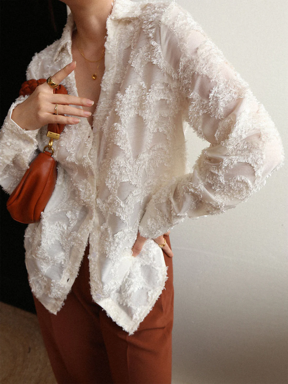 Semi-Sheer Jacquard Floral Collared Shirt - Takermore