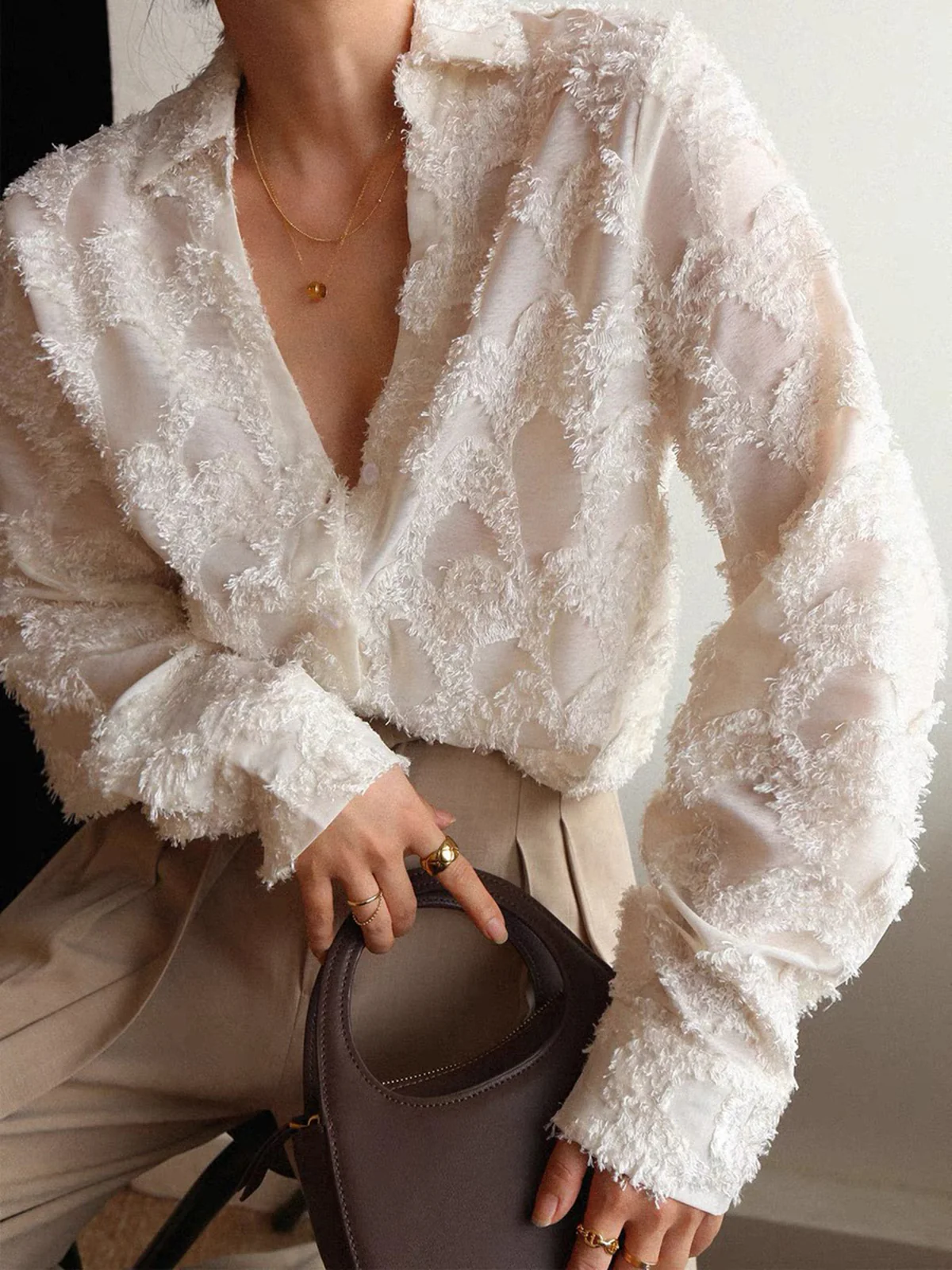 Semi-Sheer Jacquard Floral Collared Shirt - Takermore