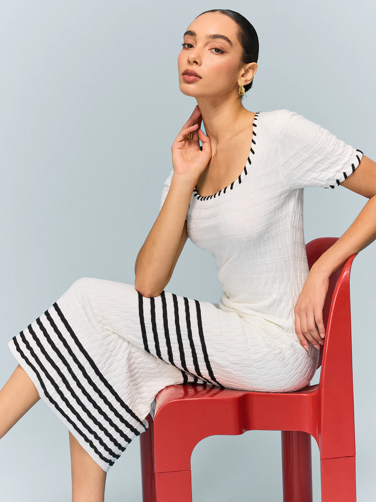 Textured Knit Midi Dress with Striped Hem - Takermore