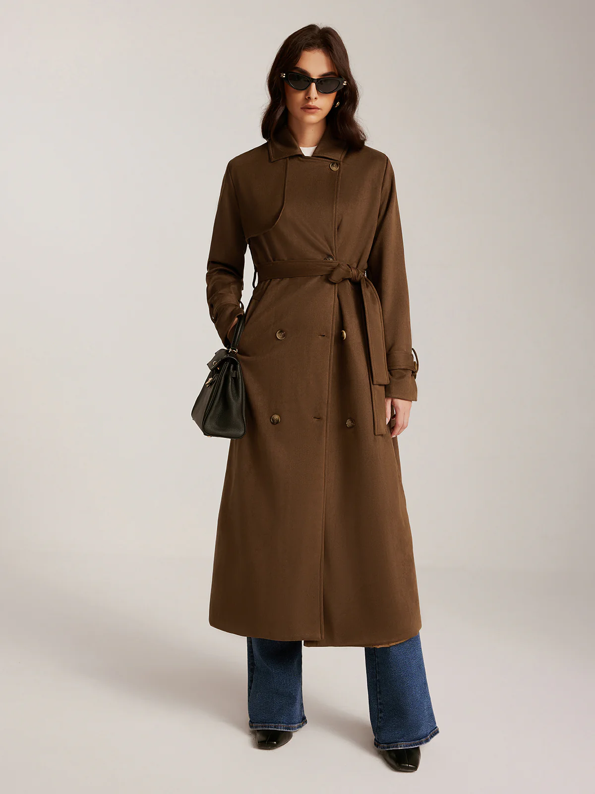 Suede Belted Button Long Trench Coat - Takermore