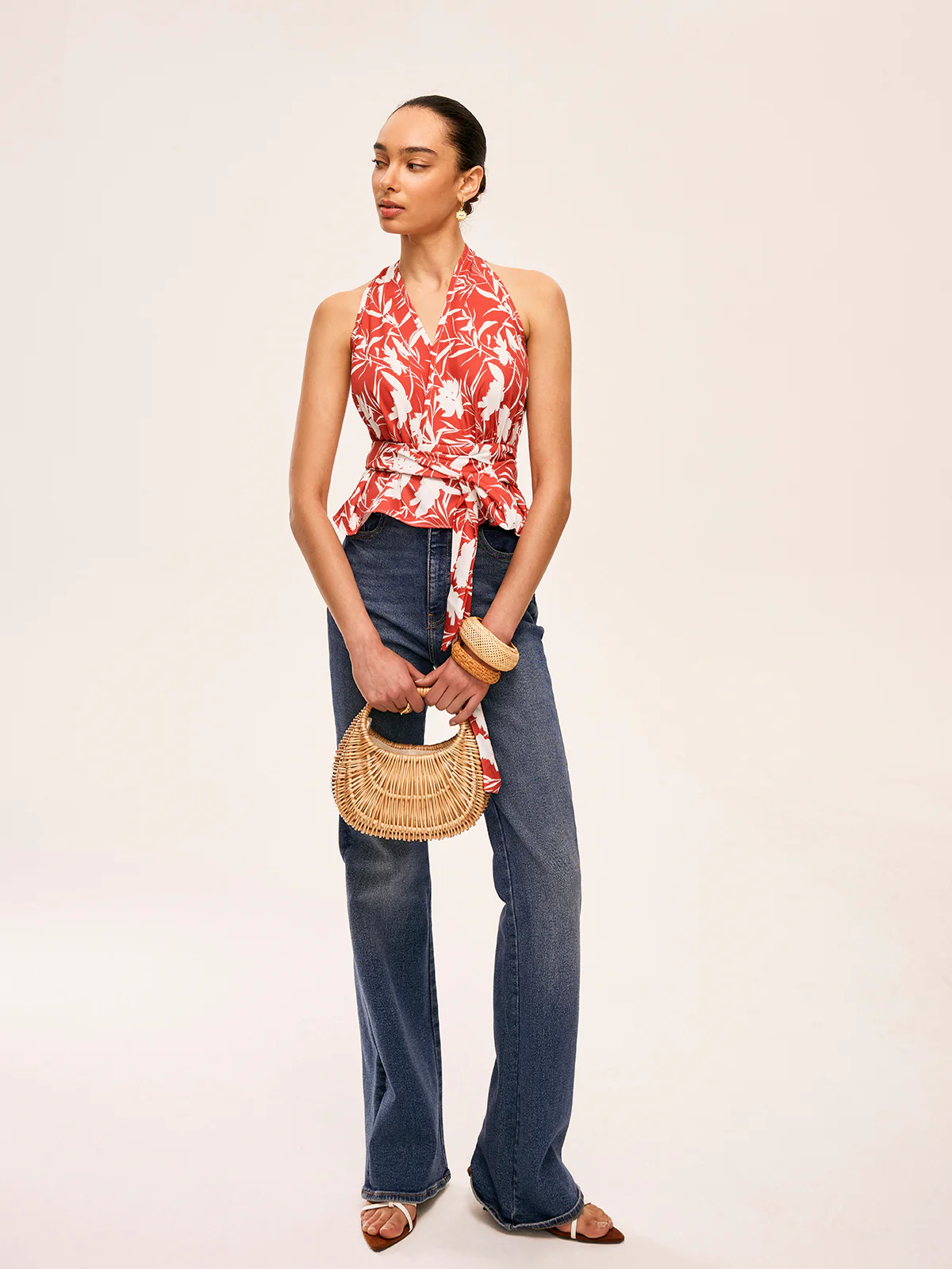 Floral Halter Neck Tie Waist Top - Takermore