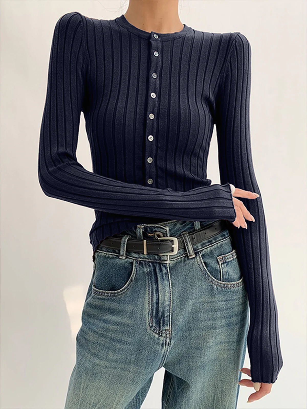 Round Neck Button Skinny Knit Top - Takermore