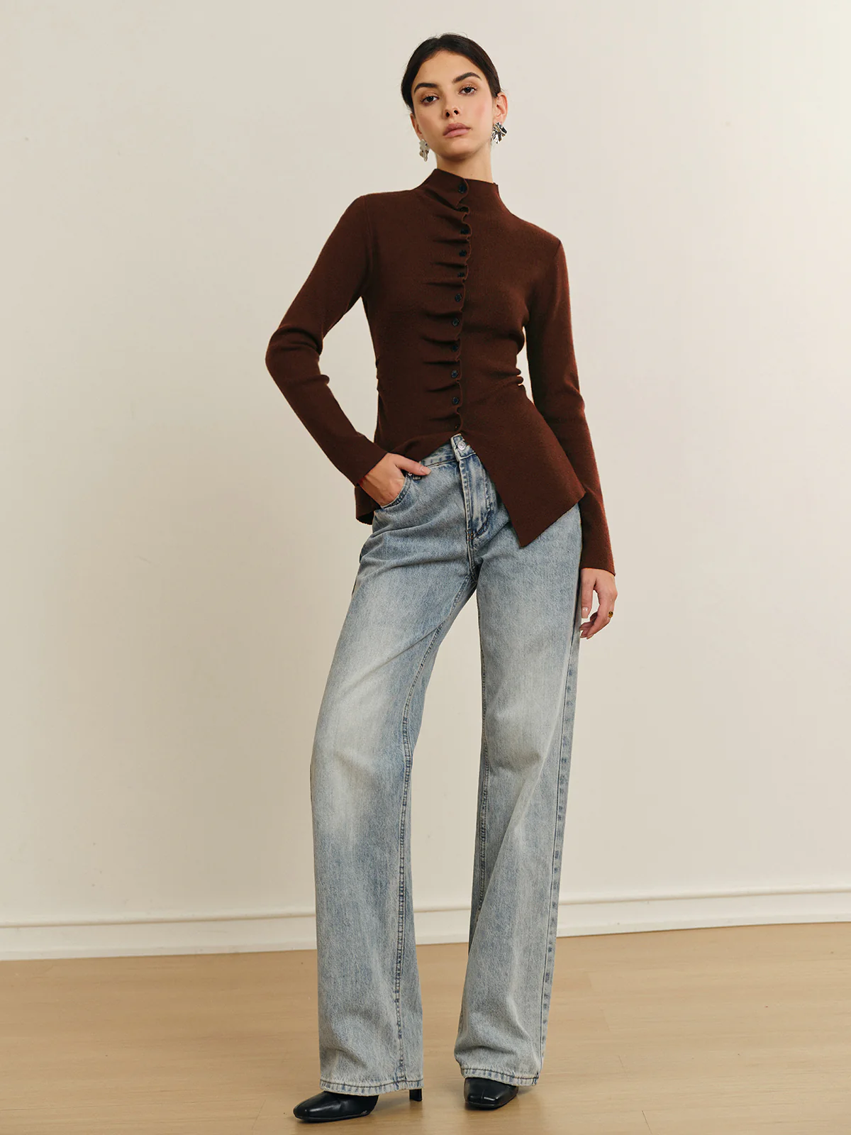 Button Pleated Split Knit Top - Takermore