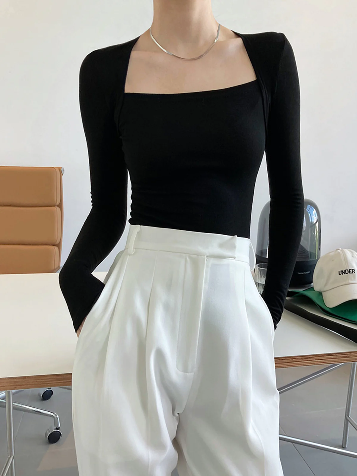 Square Neck Solid Long Sleeve Shirt - Takermore