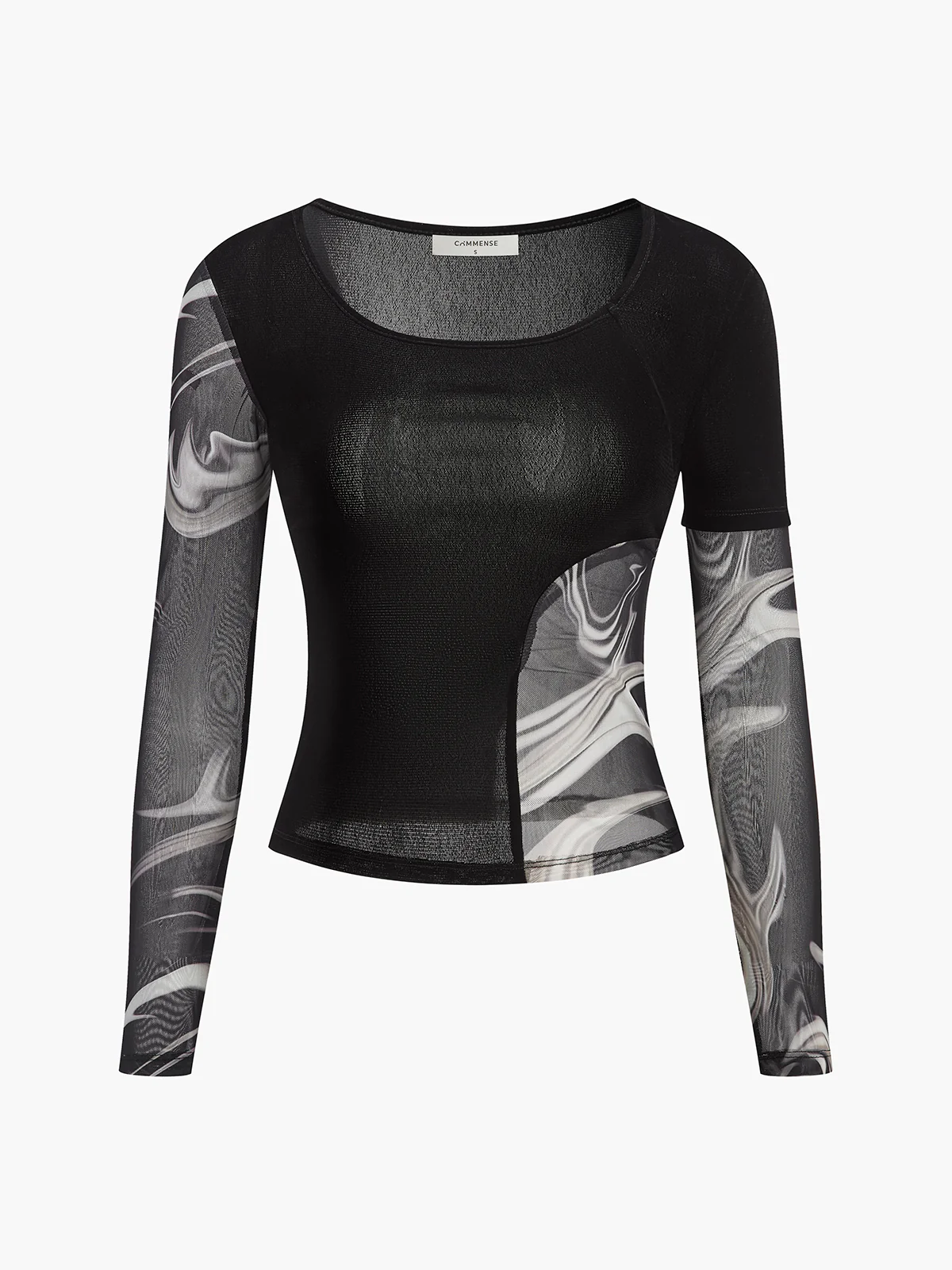 Semi-Sheer Geometric Printed Mesh Jersey Top - Takermore