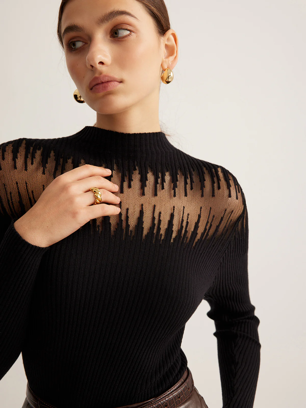 Mock Neck Sheer Panel Knit Top - Takermore