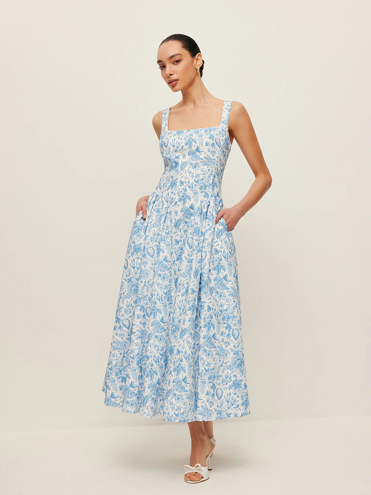 Square-Neck Printed Dress With Pockets - Takermore