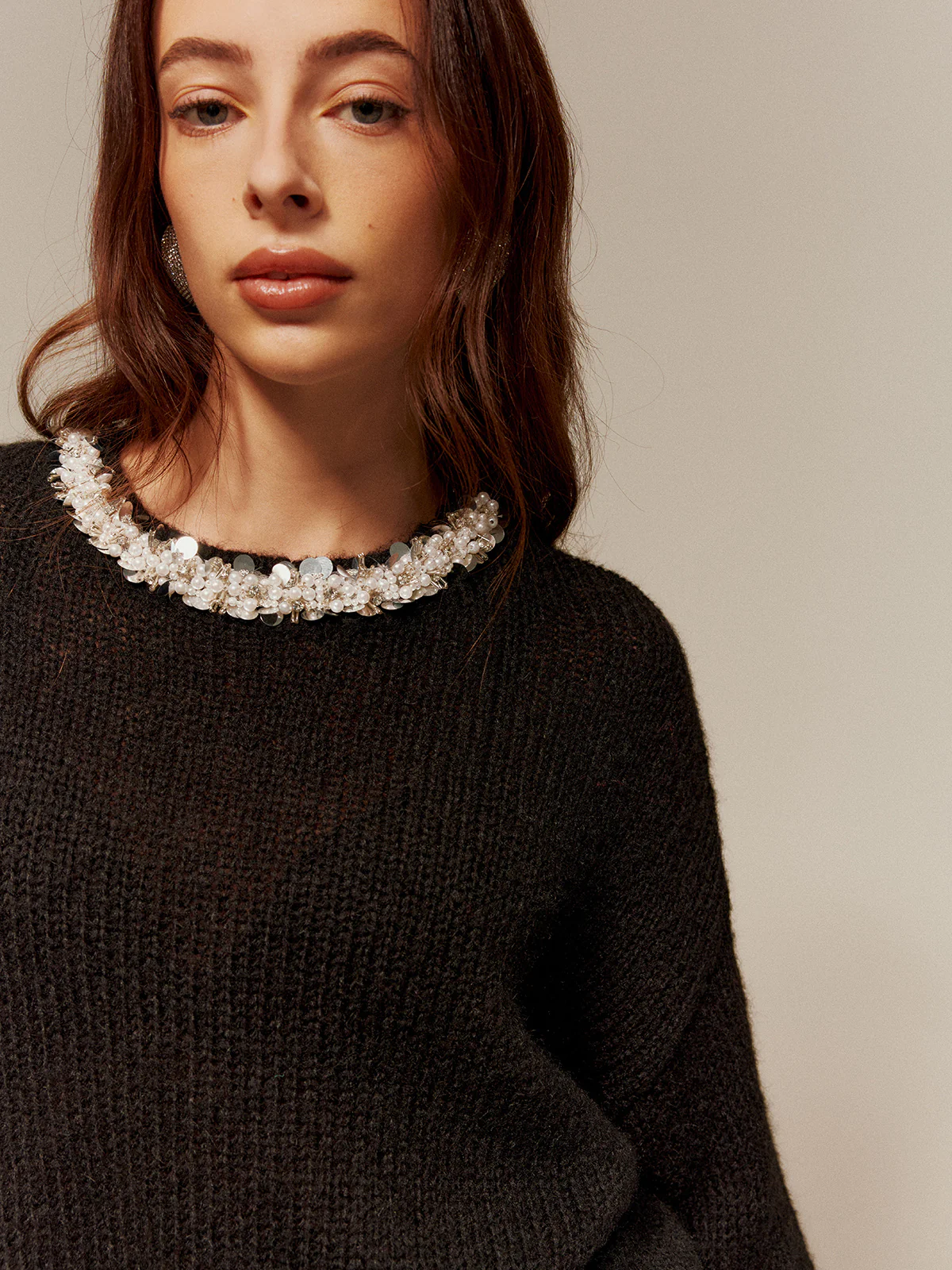 Rhinestone-Decor Cozy Sweater - Takermore