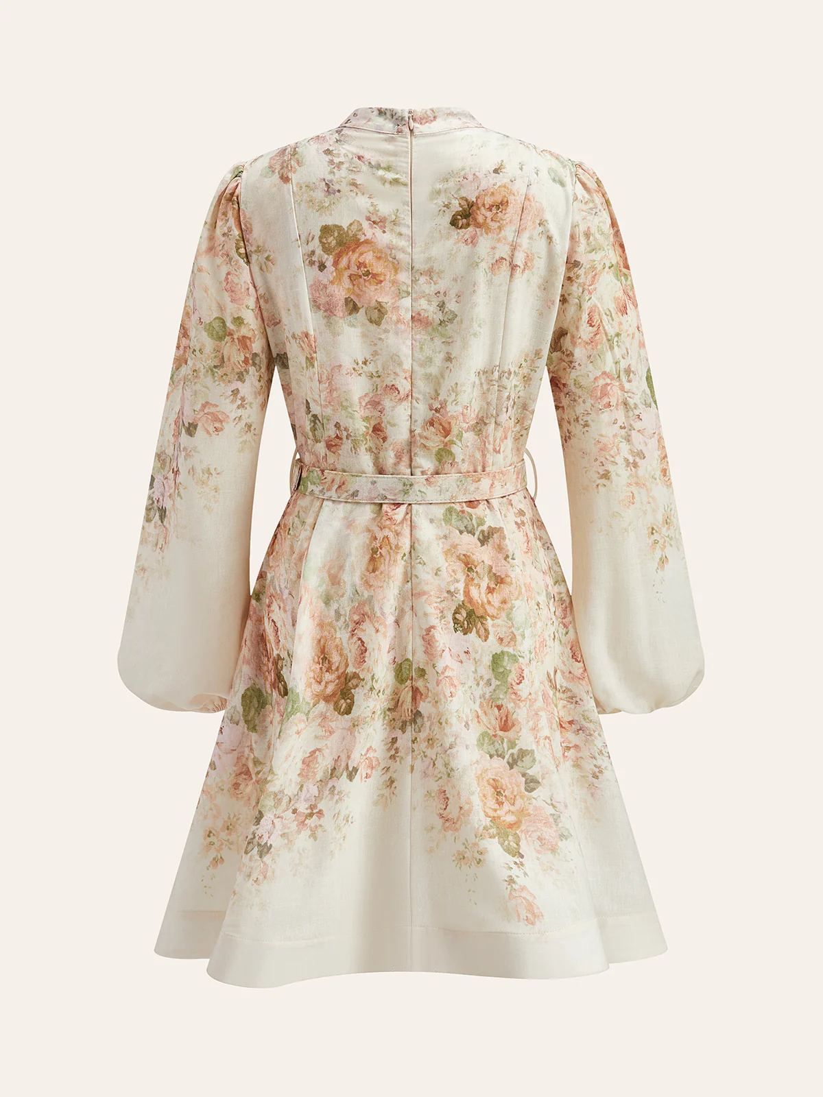 Cotton & Linen Puff Sleeve Floral Belted Dress - Takermore