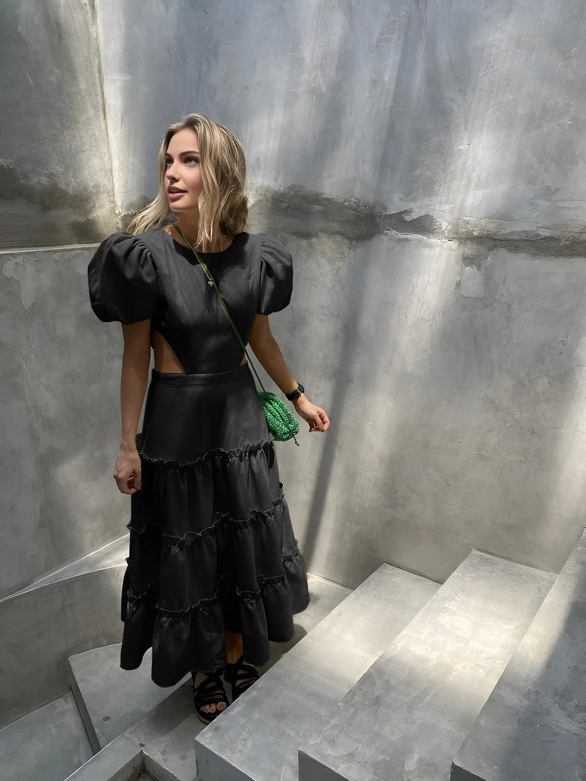 Puff Sleeve Cutout Long Dress - Takermore