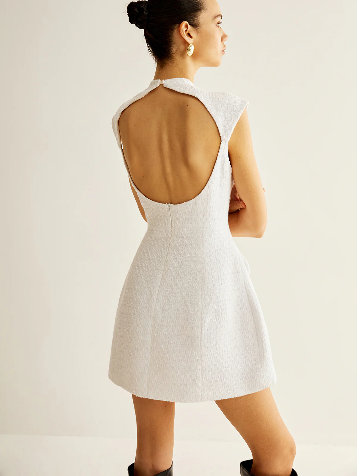 Backless Zipper Tweed Short Dress - Takermore
