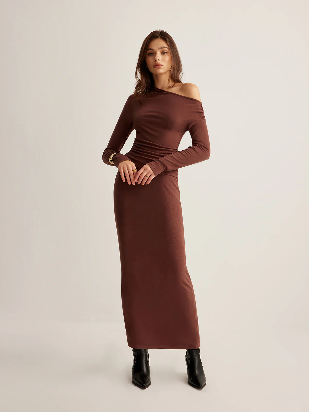 Asymmetrical Neck Slim Jersey Skirt Set - Takermore
