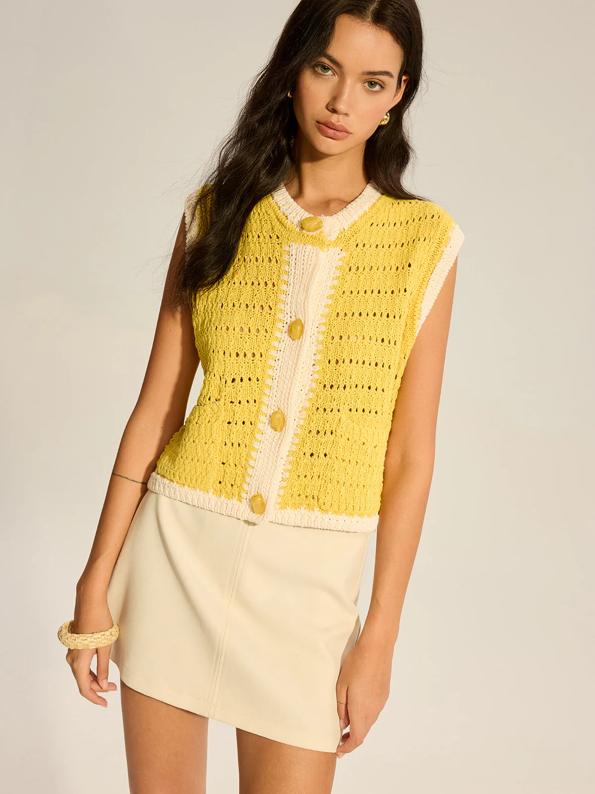 Crochet Knit Vest with Contrast Trim - Takermore