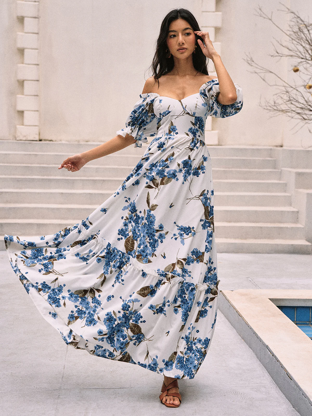 Floral Print Puff Sleeve Long Dress - Takermore