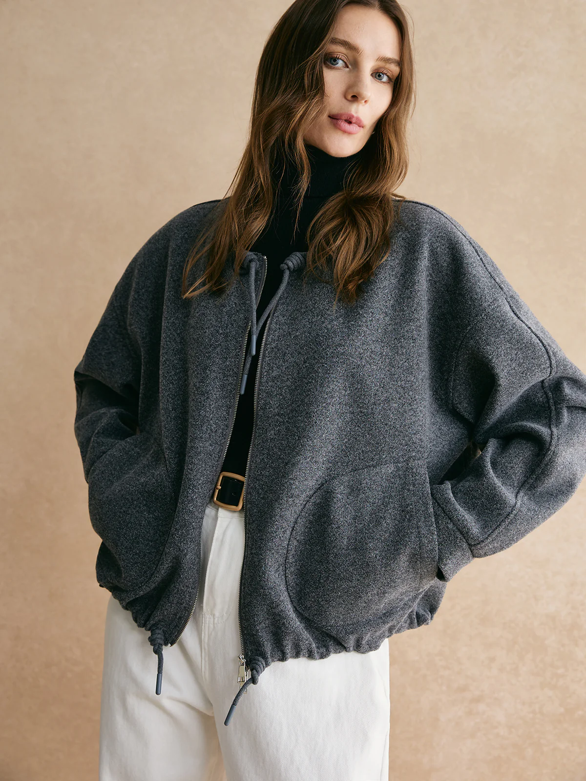 Drawstring Zipper Loose Jacket - Takermore