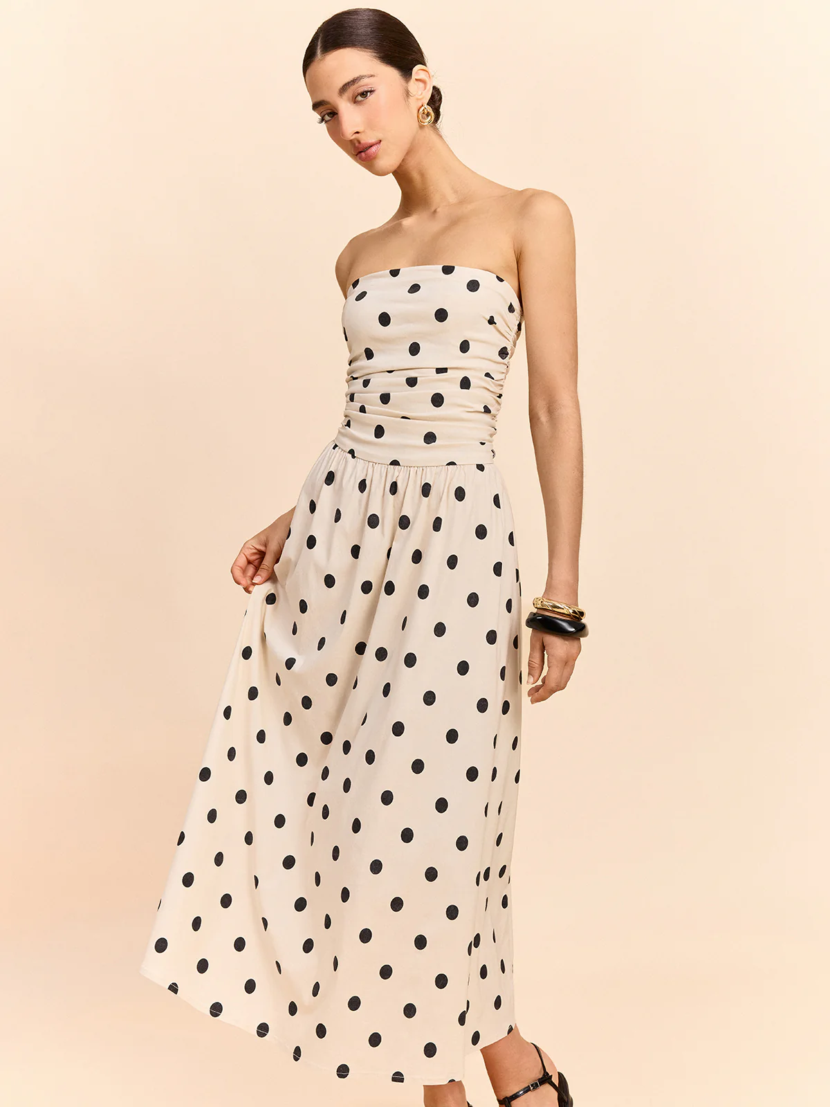 Strapless Polka Dot Ruched Midi Dress - Takermore