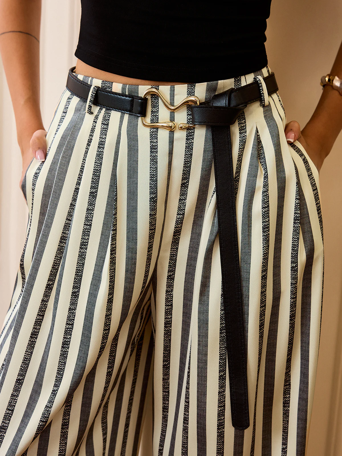 High-Waisted Striped Belted Pants - Takermore
