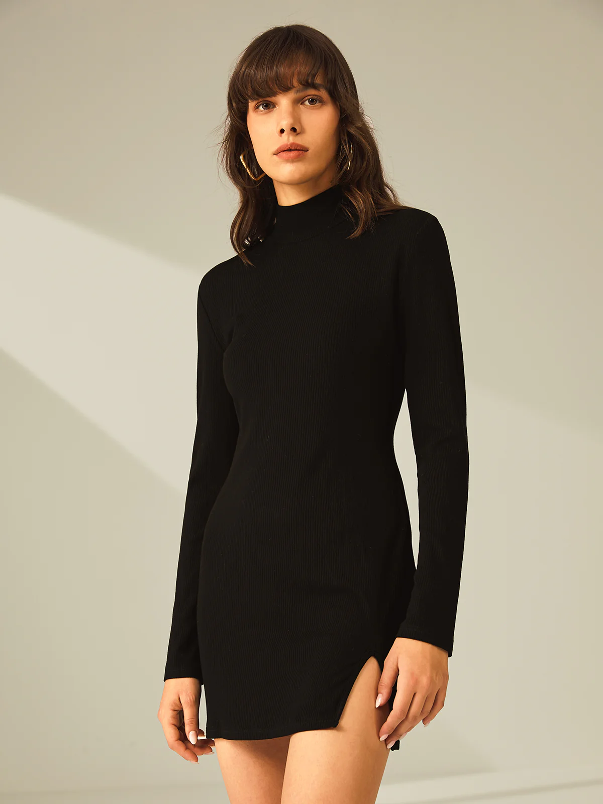 Turtleneck Long Sleeve Mini Dress with Slit and Ribbed Paneling - Takermore