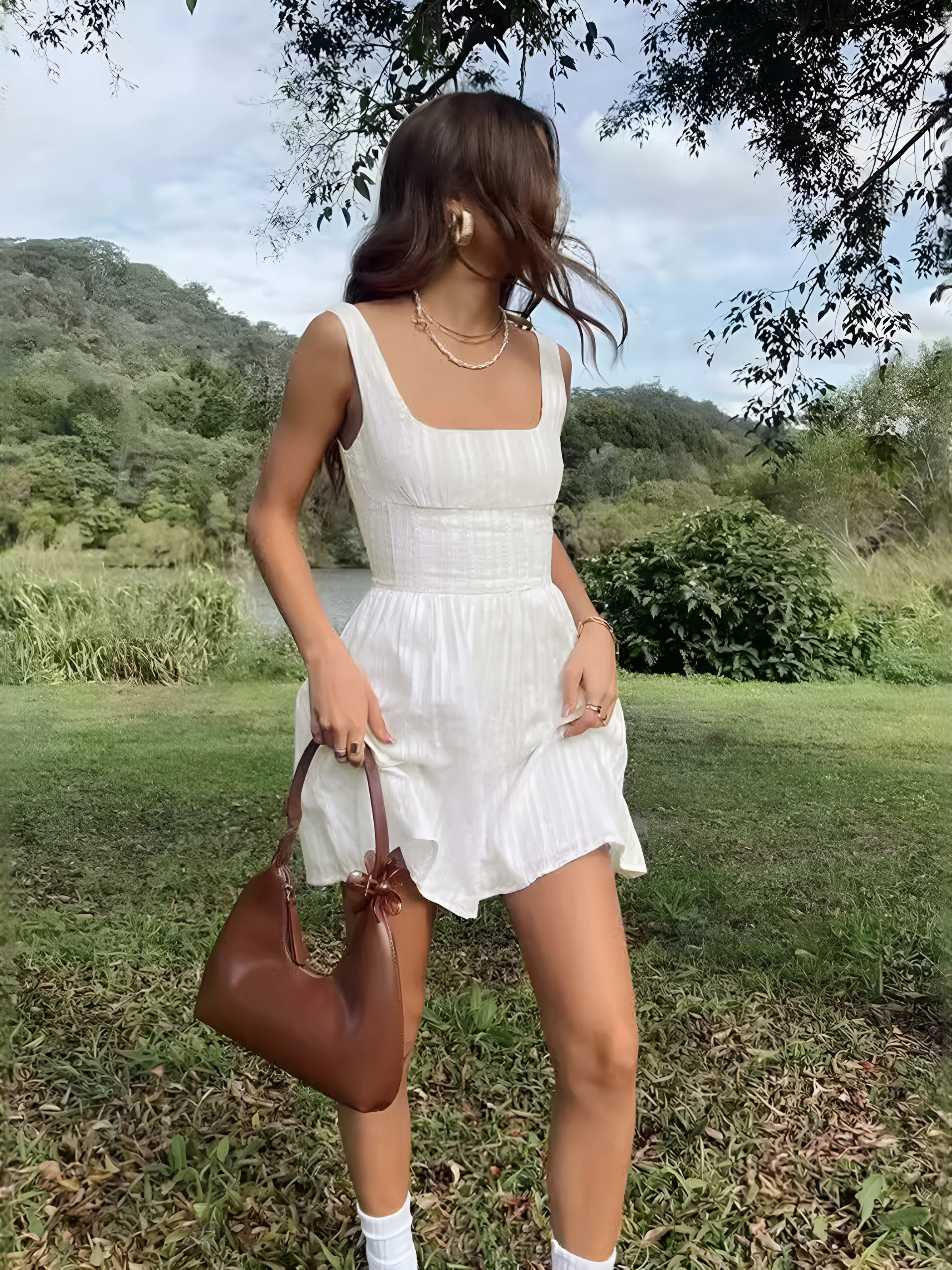 Semi-Sheer Solid Square Neckline Short Dress - Takermore